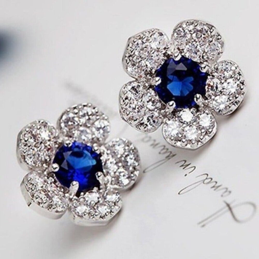 Sapphire Blue Pave Crystal Lady Di Style Stud Earrings